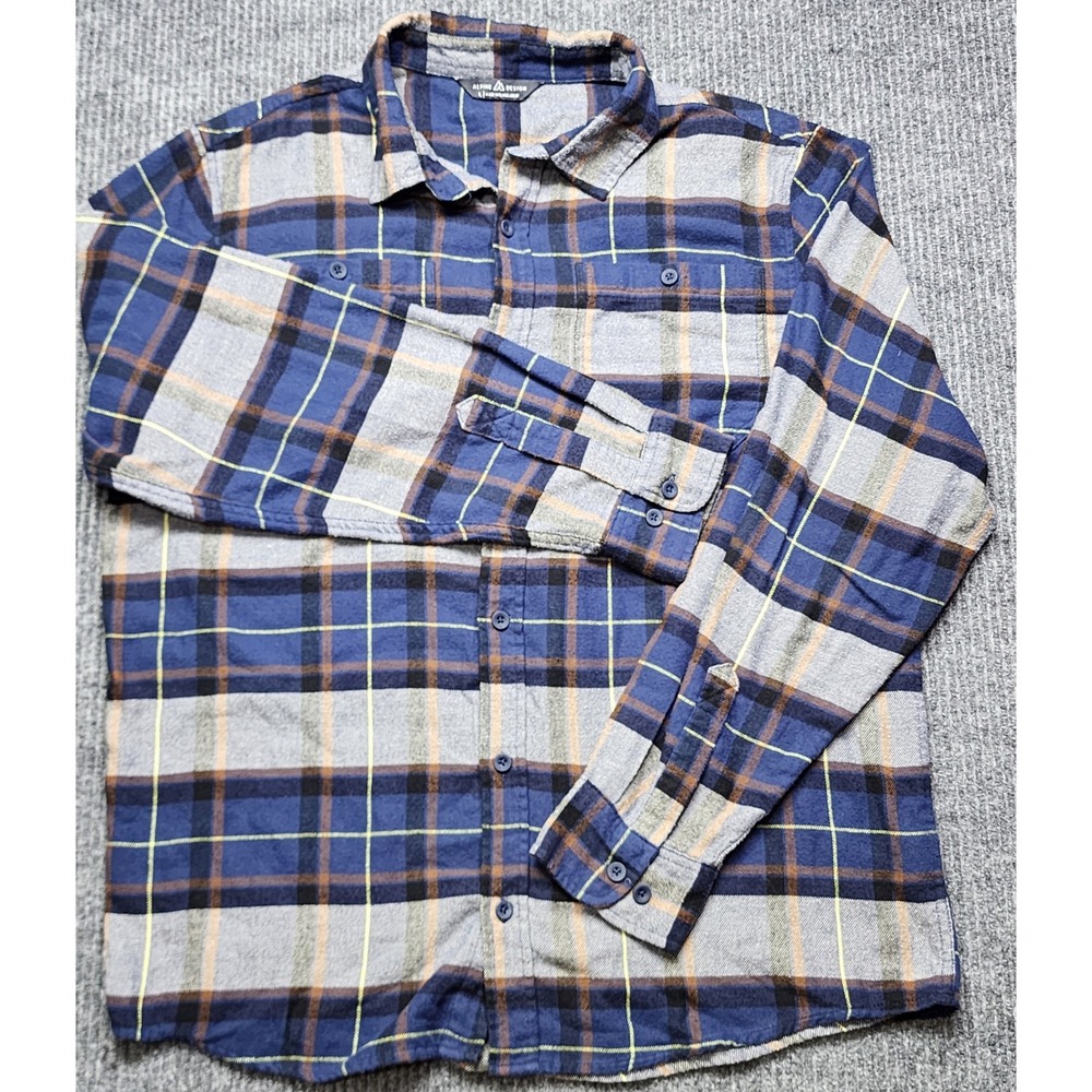 Alpine Design Mens Blue Grey Plaid Flannel Button Down Shirt Long Sleeve L